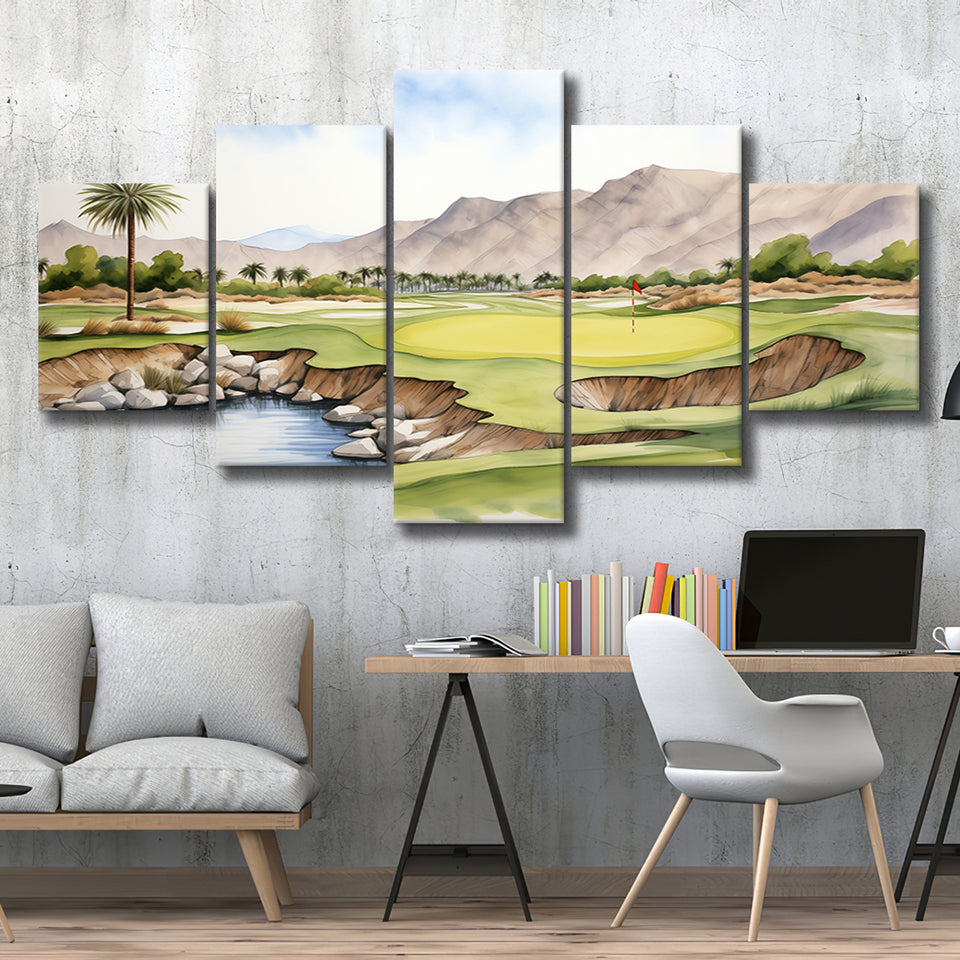 Stadium Golf Course Ink Watercolor Painting Mixed 5 Panel Large Canvas Prints Wall Art Decor
