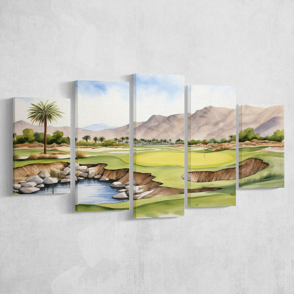 Stadium Golf Course Ink Watercolor Painting Mixed 5 Panel Large Canvas Prints Wall Art Decor