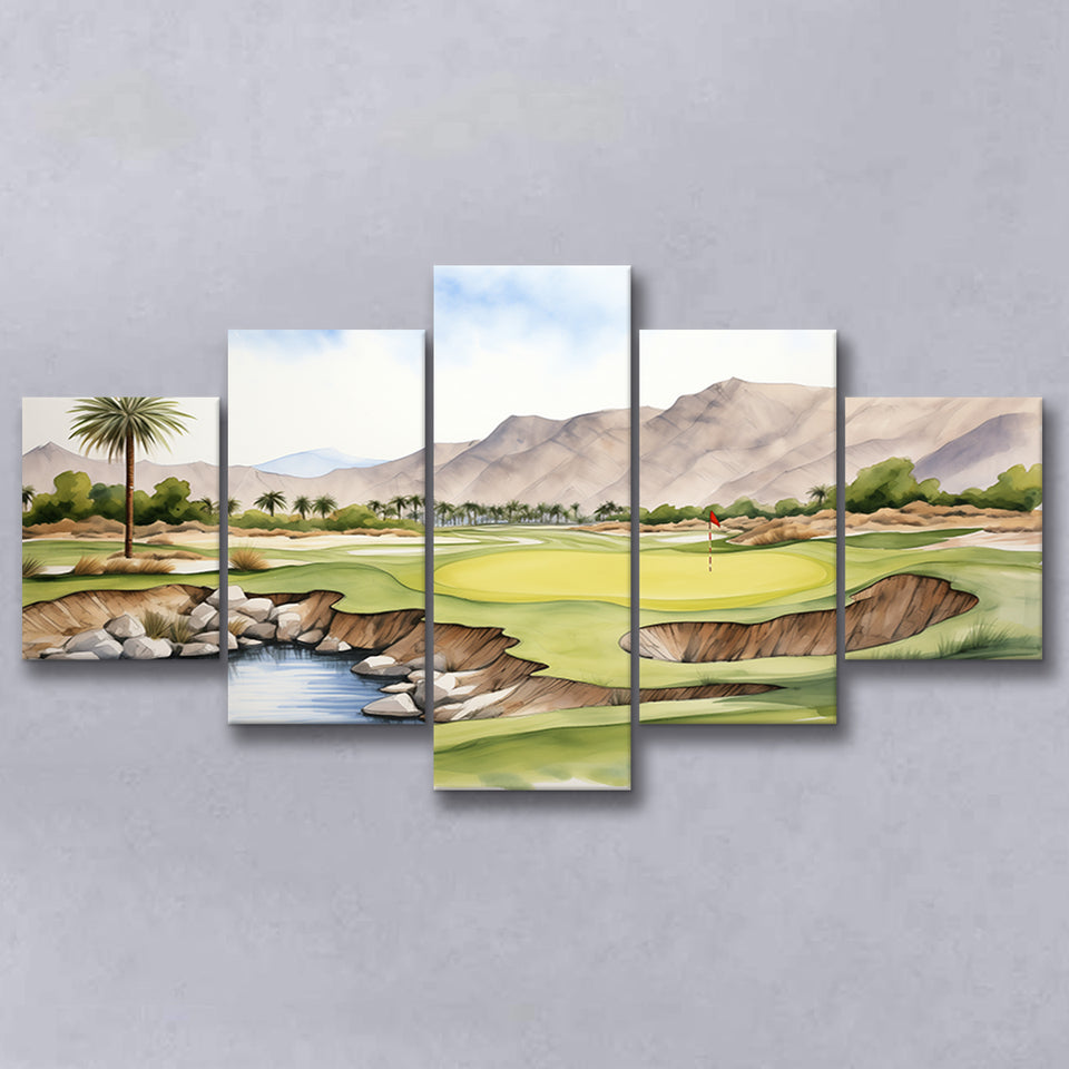 Stadium Golf Course Ink Watercolor Painting Mixed 5 Panel Large Canvas Prints Wall Art Decor