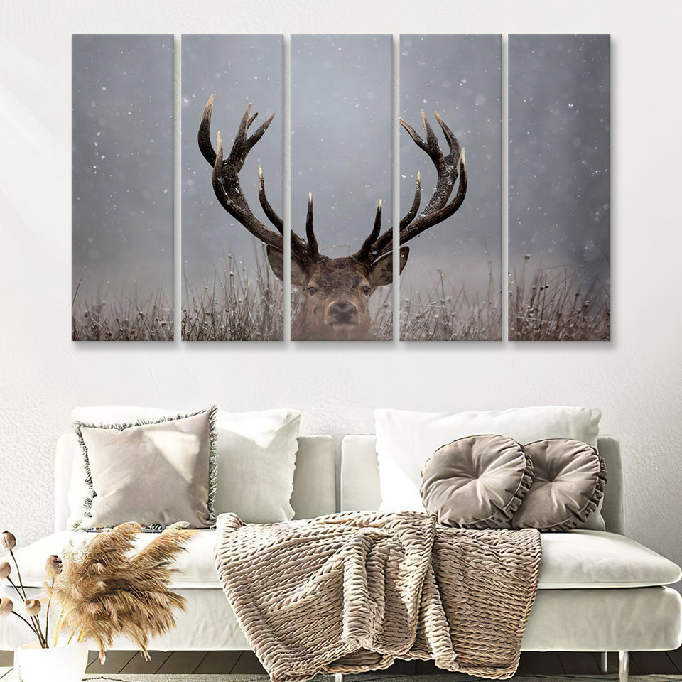 Stag Head In The Snow 5 Pieces B Canvas Prints Wall Art - Painting Canvas,Wall Decor, Multi Panel,5 Panels