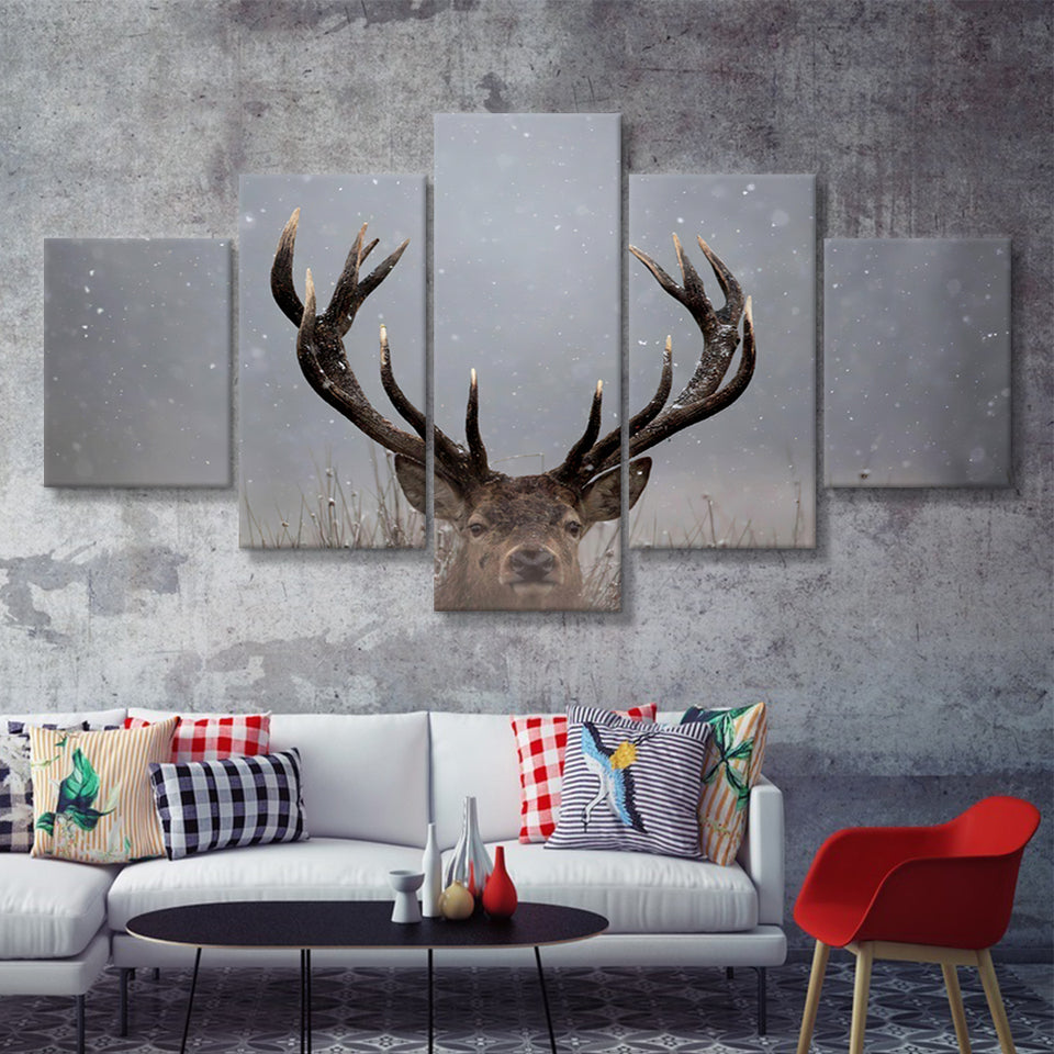 Stag Head In The Snow 5 Pieces Canvas Prints Wall Art - Painting Canvas,Wall Decor, Multi Panel,5 Panels