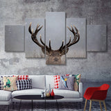 Stag Head In The Snow 5 Pieces Canvas Prints Wall Art - Painting Canvas,Wall Decor, Multi Panel,5 Panels