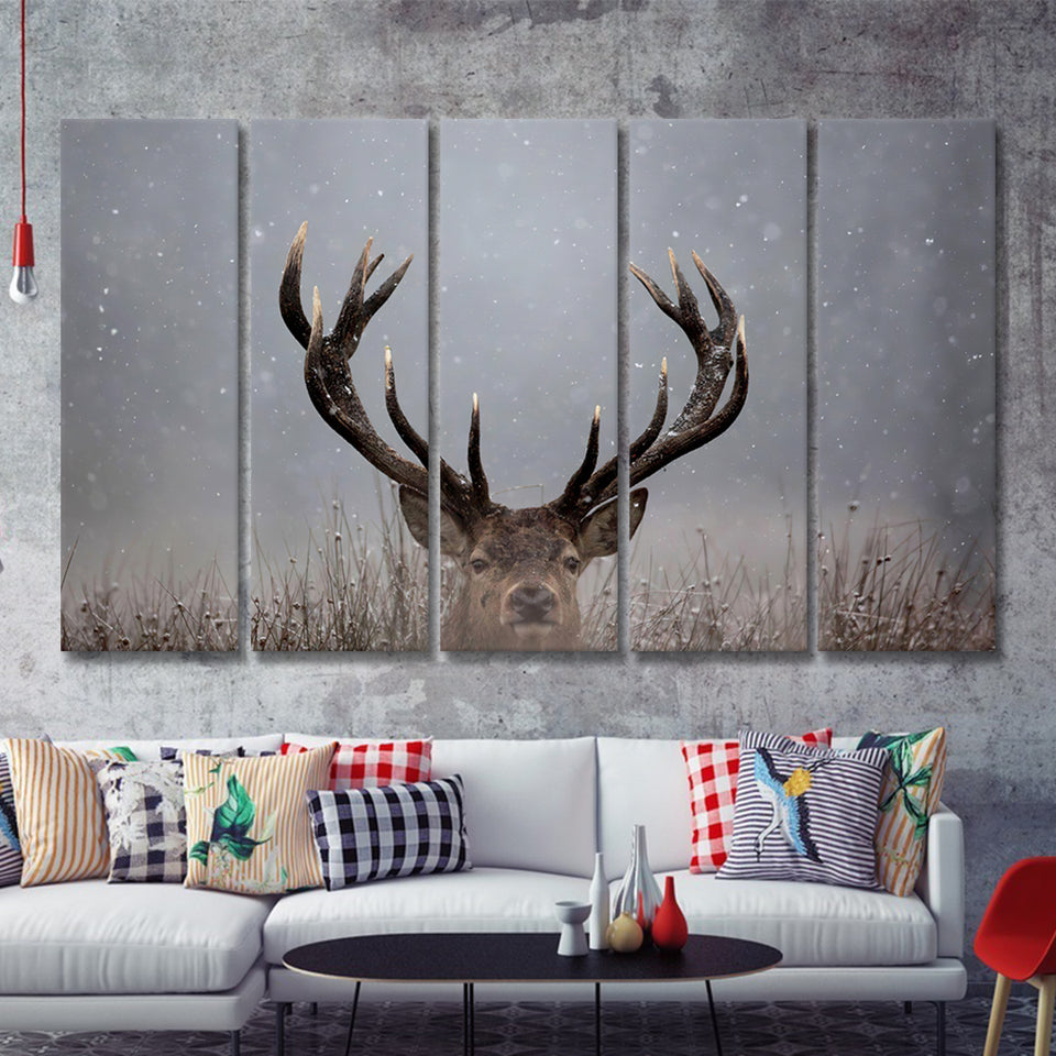 Stag Head In The Snow 5 Pieces B Canvas Prints Wall Art - Painting Canvas,Wall Decor, Multi Panel,5 Panels
