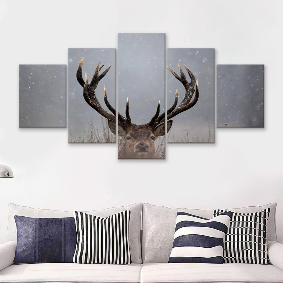 Stag Head In The Snow 5 Pieces Canvas Prints Wall Art - Painting Canvas,Wall Decor, Multi Panel,5 Panels