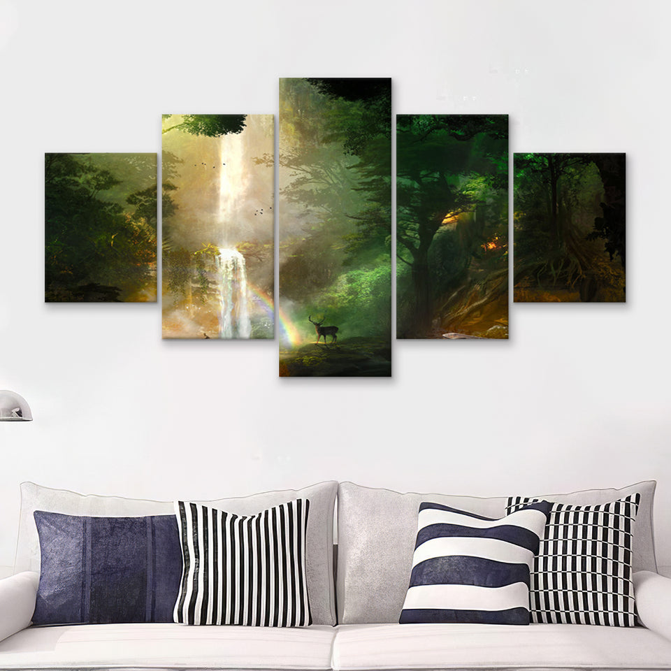 Stag In The Forest 5 Pieces Canvas Prints Wall Art - Painting Canvas,Wall Decor, Multi Panel,5 Panels