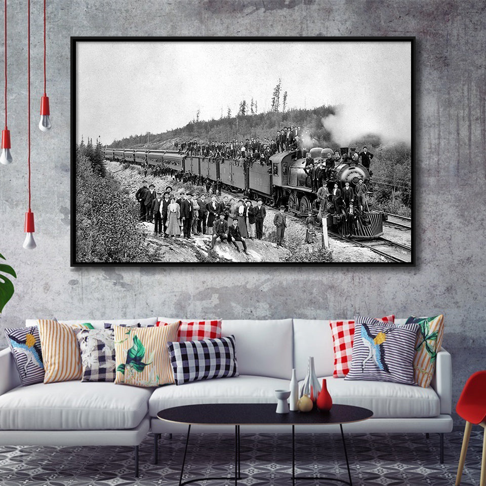 Steam Train Black And White Print, Vintage Locomotive Train Framed Canvas Prints Wall Art Home Decor,Floating Frame