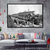 Steam Train Black And White Print, Vintage Locomotive Train Framed Canvas Prints Wall Art Home Decor,Floating Frame