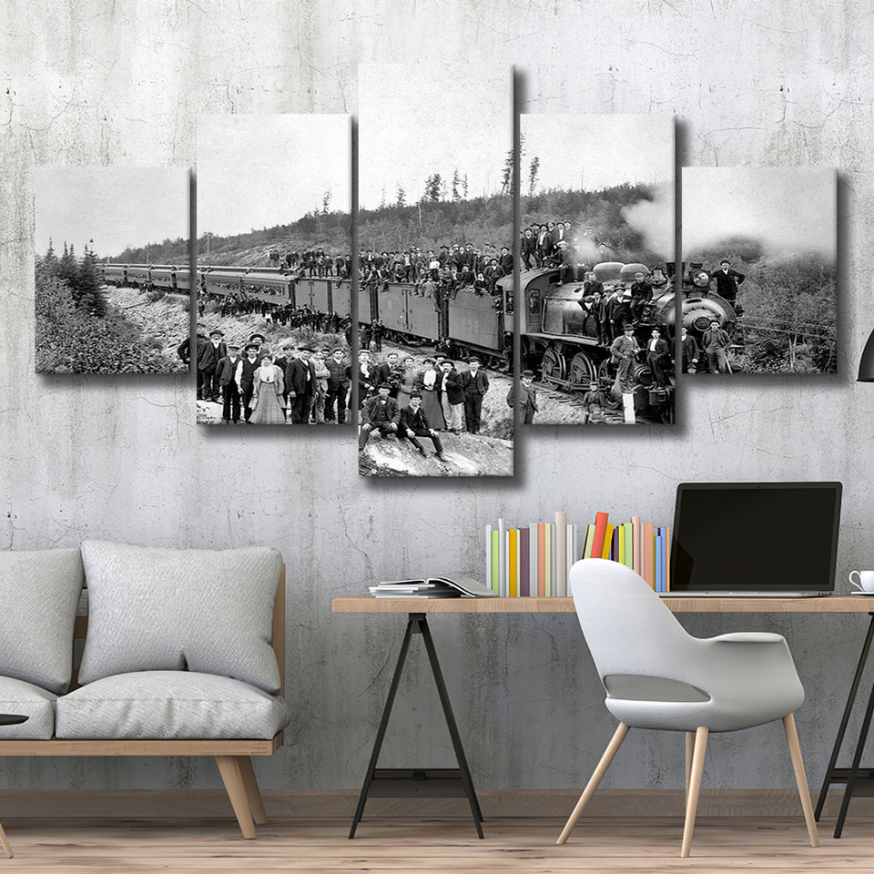 Steam Train Black And White Print, Vintage Locomotive Train 5 Panels, Canvas Prints Wall Art Decor, Large Canvas Art