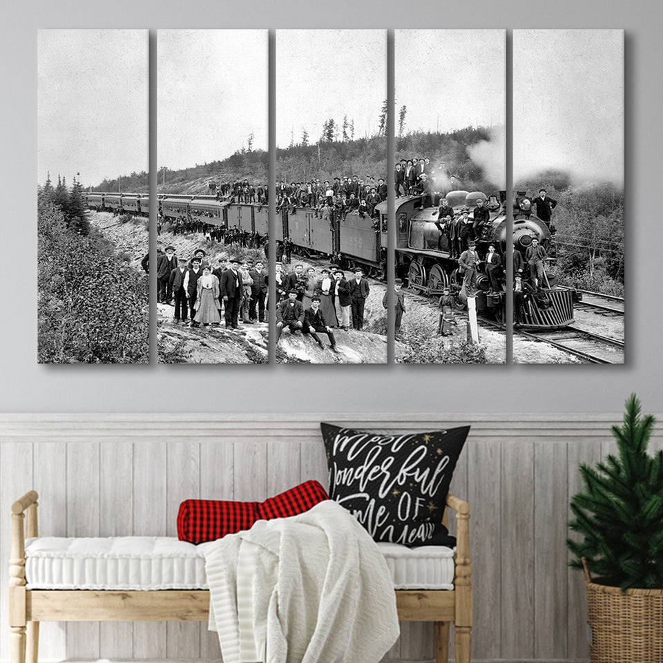 Steam Train Black And White Print, Vintage Locomotive Train Larger Canvas Art, 5 Piece Canvas Prints Wall Art Decor