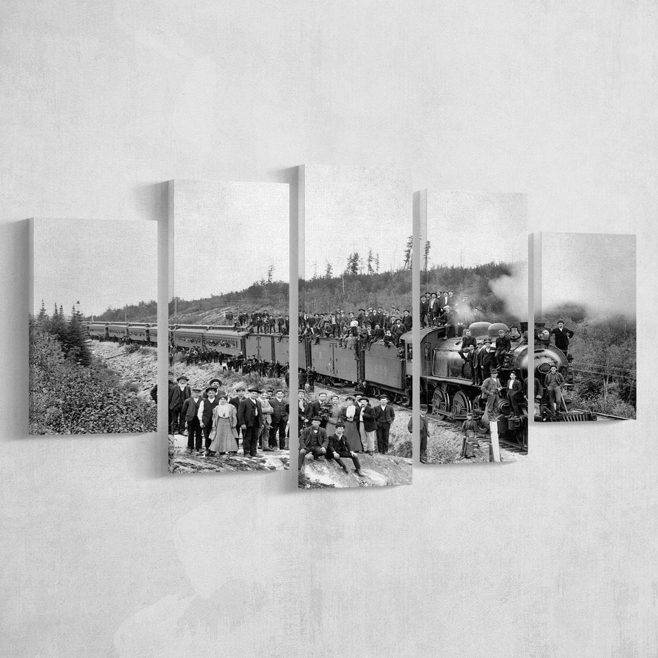 Steam Train Black And White Print, Vintage Locomotive Train 5 Panels, Canvas Prints Wall Art Decor, Large Canvas Art