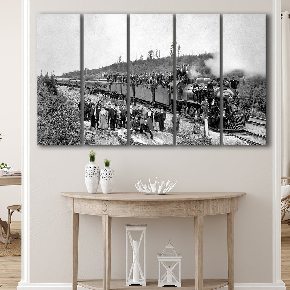 Steam Train Black And White Print, Vintage Locomotive Train Larger Canvas Art, 5 Piece Canvas Prints Wall Art Decor