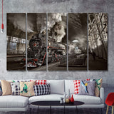 Steam Train At The Station 5 Pieces Canvas Prints Wall Art - Painting Canvas, Multi Panels, Wall Decor