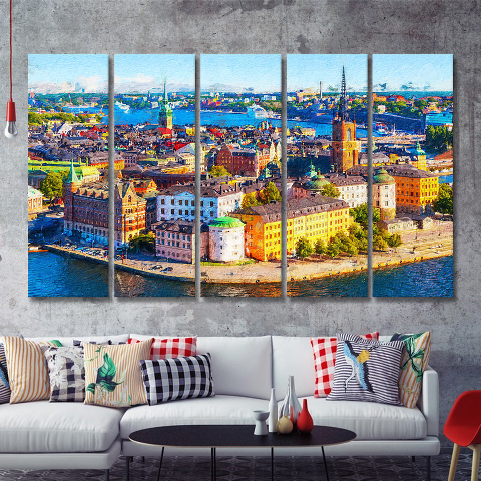 Stockholm Colorful City 5 Piece B Canvas Prints Wall Art Decor - Painting Canvas, Multi Panels