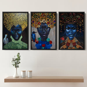 Strange Blue Woman Face Wall Art For Living Room Decoration Set of 3 Piece Framed Canvas Prints Wall Art Decor