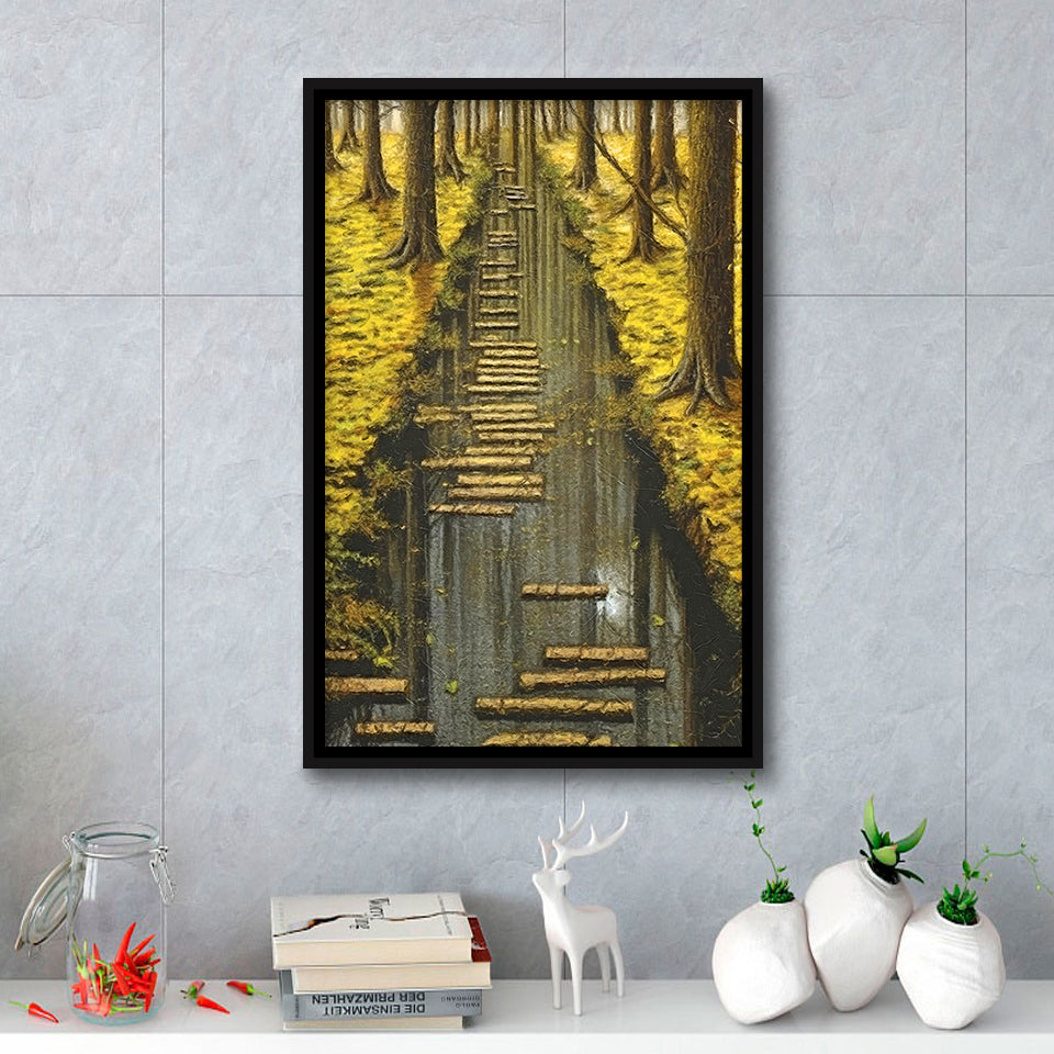 Stream In The Forest Framed Canvas Prints Wall Art, Floating Frame, Large Canvas Home Decor