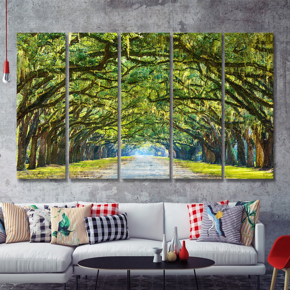 Stunning Line of Oak Trees Along the Road in Savannah 5 Piece B Canvas Prints Wall Art Decor - Painting Canvas, Multi Panels