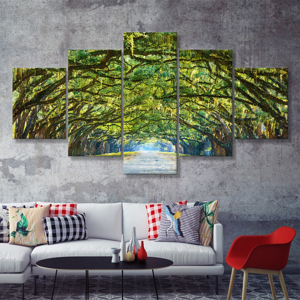 Stunning Line of Oak Trees Along the Road in Savannah 5 Piece Canvas Prints Wall Art Decor - Painting Canvas, Multi Panels