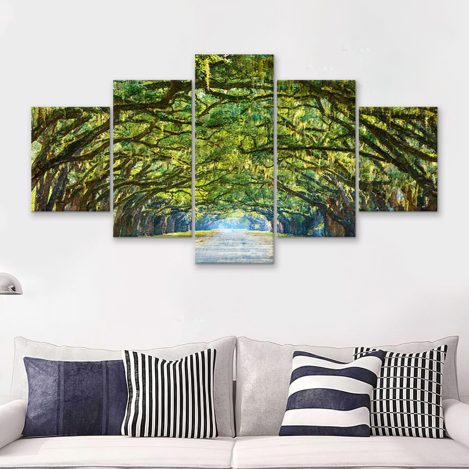 Stunning Line of Oak Trees Along the Road in Savannah 5 Piece Canvas Prints Wall Art Decor - Painting Canvas, Multi Panels
