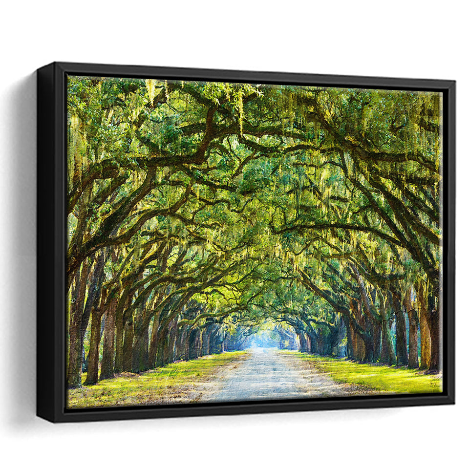 Stunning Line of Oak Trees Along the Road in Savannah Framed Canvas Prints Wall Art Decor - Paiting Canvas, Art Prints, Floating Frame