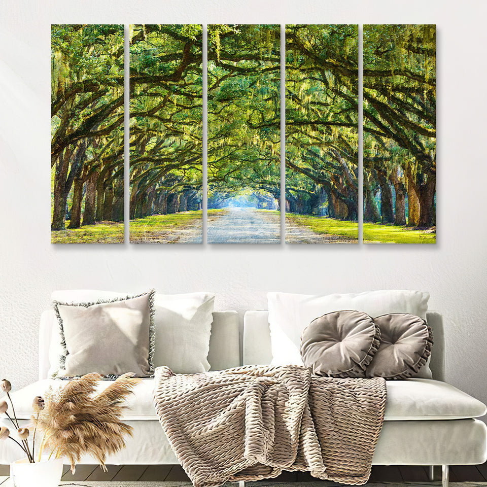 Stunning Line of Oak Trees Along the Road in Savannah 5 Piece B Canvas Prints Wall Art Decor - Painting Canvas, Multi Panels