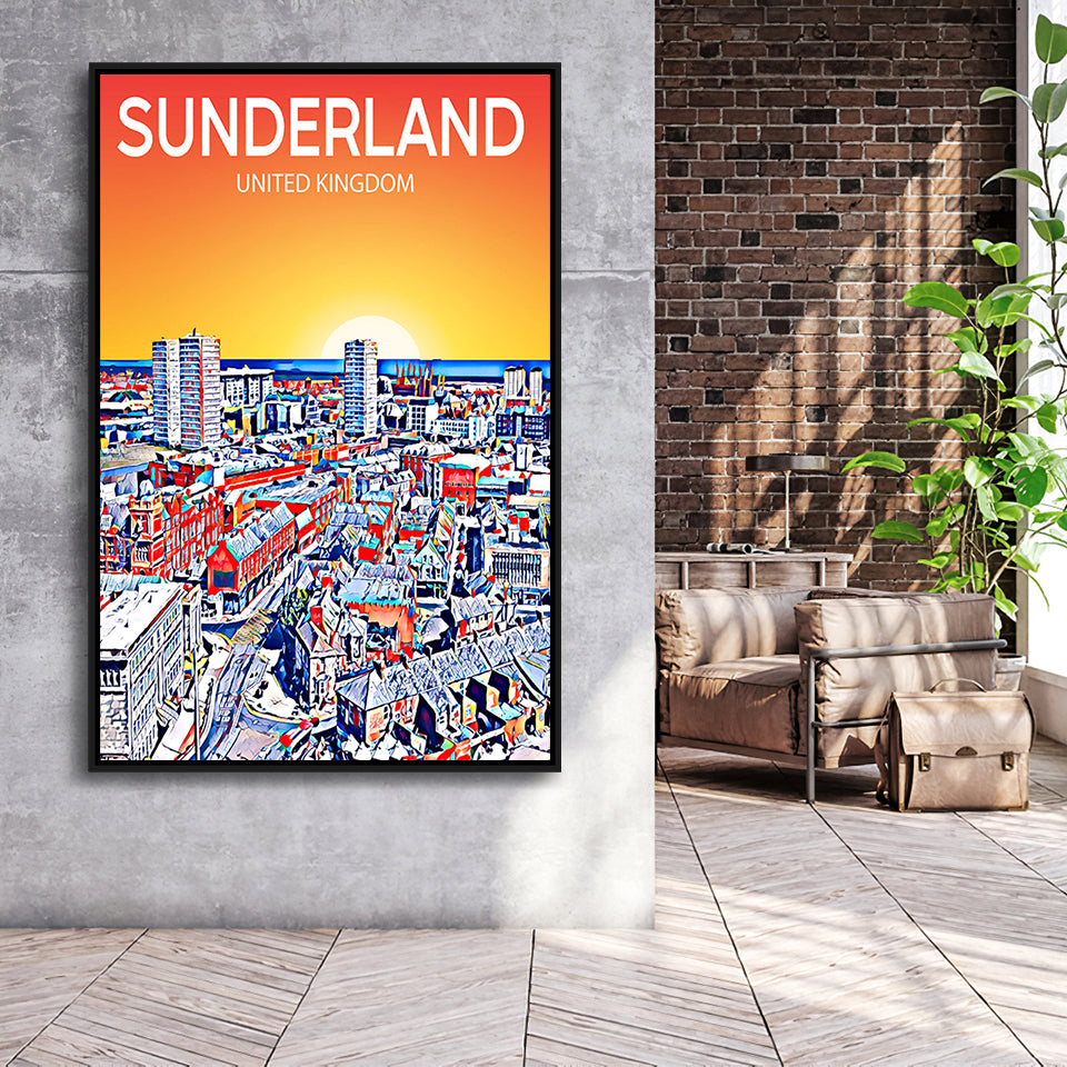 Sunderland UK Art Sunset Night Art Print, Large Canvas, Framed Canvas Print Wall Art Home Decor, Floating Frame