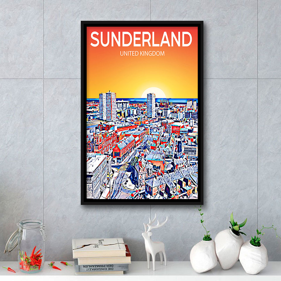 Sunderland UK Art Sunset Night Art Print, Large Canvas, Framed Canvas Print Wall Art Home Decor, Floating Frame