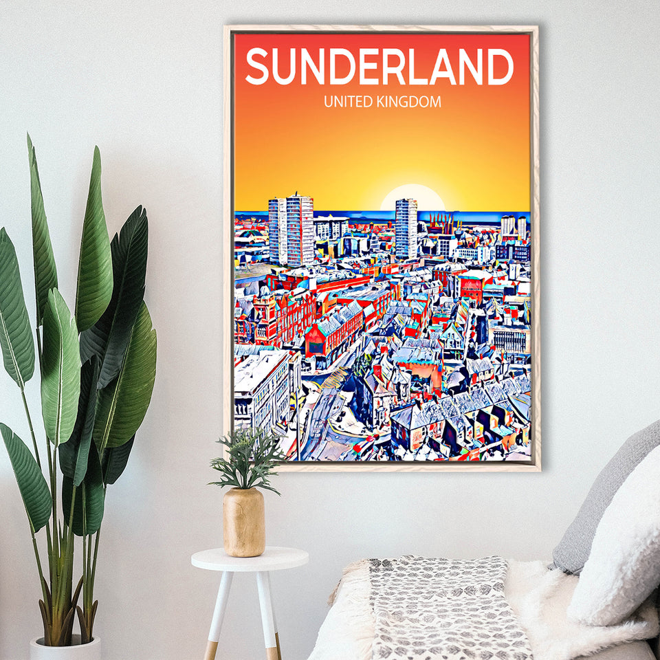 Sunderland UK Art Sunset Night Art Print, Large Canvas, Framed Canvas Print Wall Art Home Decor, Floating Frame
