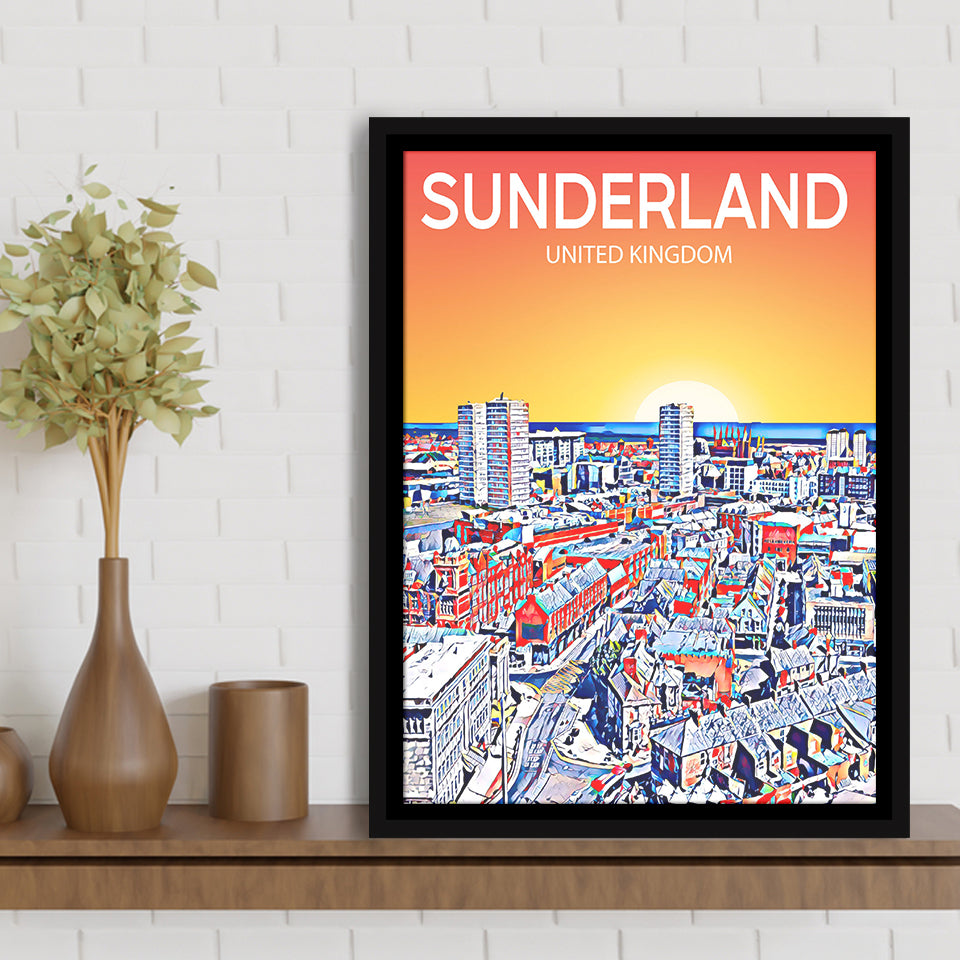 Sunderland UK Art Sunset Night Art Print, Large Canvas, Framed Canvas Print Wall Art Home Decor, Floating Frame
