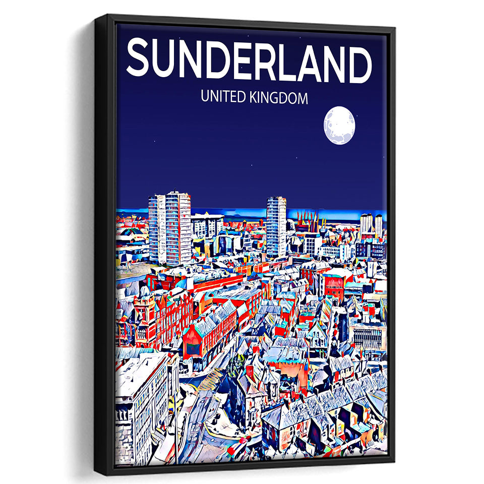 Sunderland UK Art Night Art Print, Large Canvas, Framed Canvas Print Wall Art Home Decor, Floating Frame