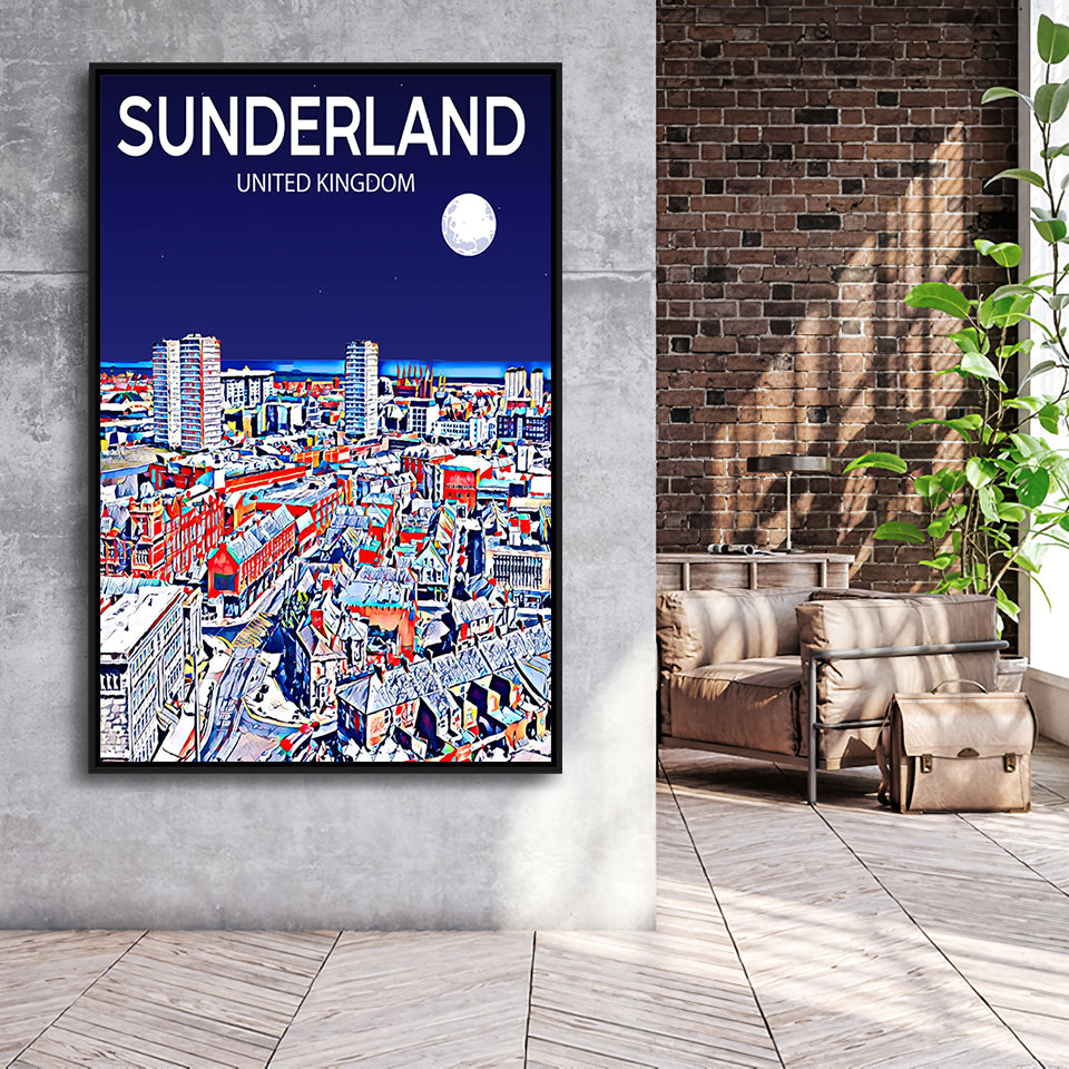 Sunderland UK Art Night Art Print, Large Canvas, Framed Canvas Print Wall Art Home Decor, Floating Frame