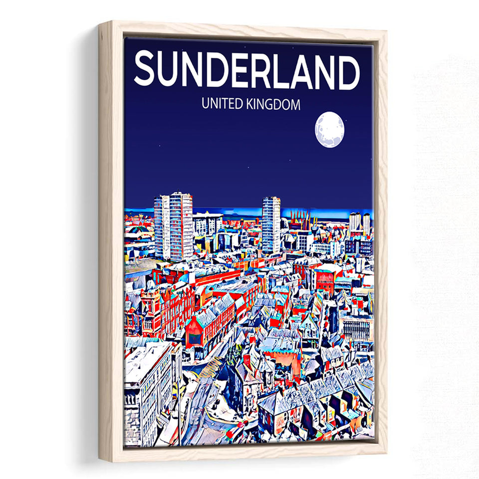 Sunderland UK Art Night Art Print, Large Canvas, Framed Canvas Print Wall Art Home Decor, Floating Frame