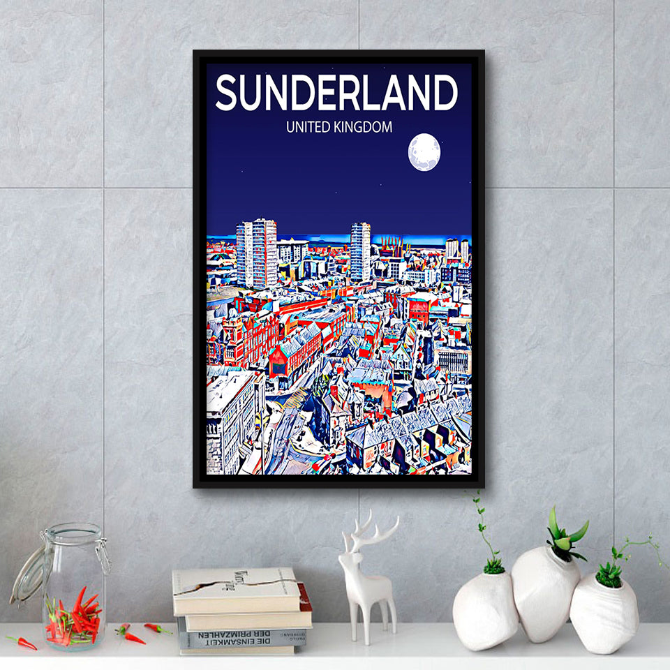 Sunderland UK Art Night Art Print, Large Canvas, Framed Canvas Print Wall Art Home Decor, Floating Frame