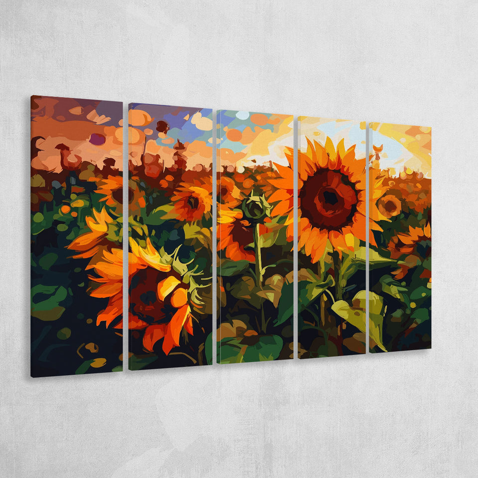 Sunflower Field At Sunrise, 5 Panel B Canvas Prints Wall Art, Extra Large Canvas Decor