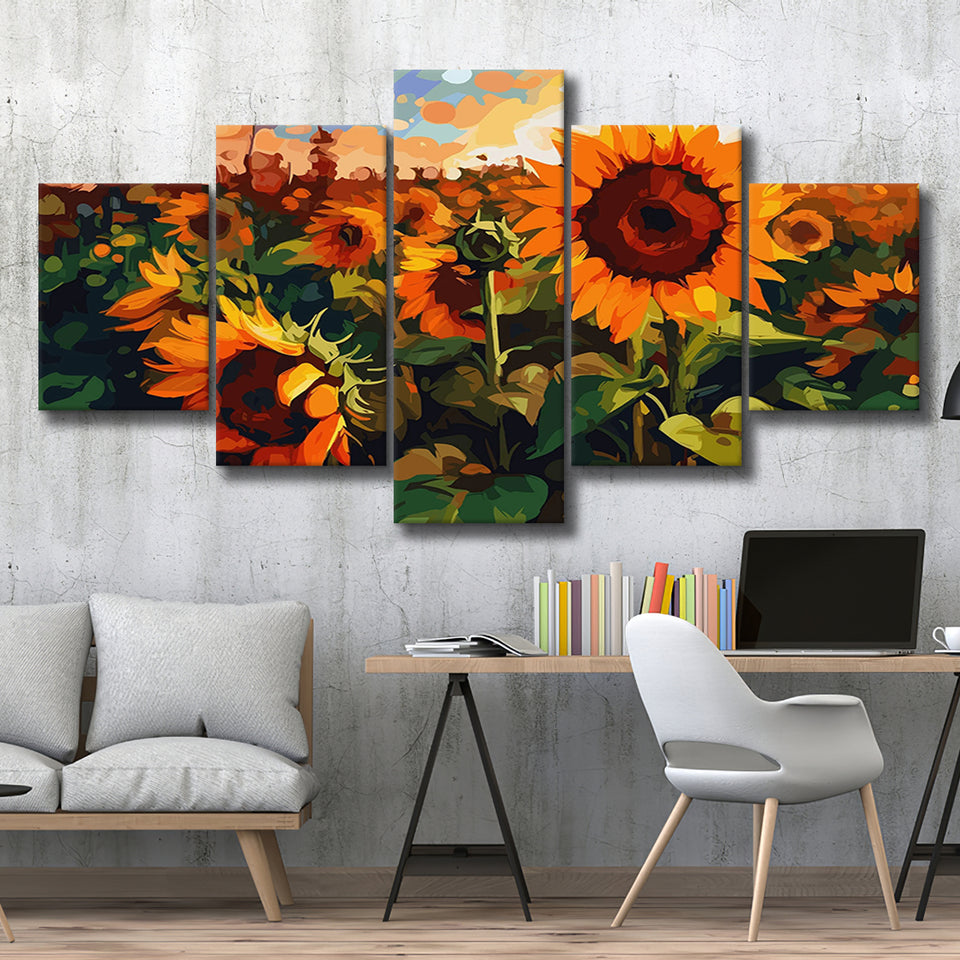 Sunflower Field At Sunrise, 5 Panel Canvas Prints Wall Art,Mixed Canvas, Large Canvas