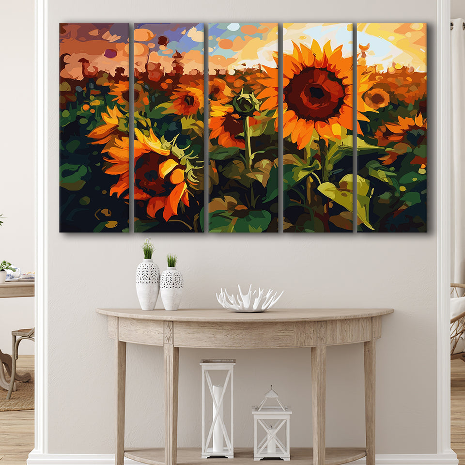 Sunflower Field At Sunrise, 5 Panel B Canvas Prints Wall Art, Extra Large Canvas Decor