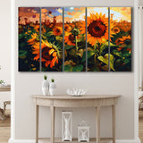 Sunflower Field At Sunrise, 5 Panel B Canvas Prints Wall Art, Extra Large Canvas Decor