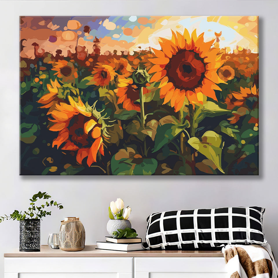 Sunflower Field At Sunrise Canvas Prints Wall Art, Home Living Room Decor, Large Canvas