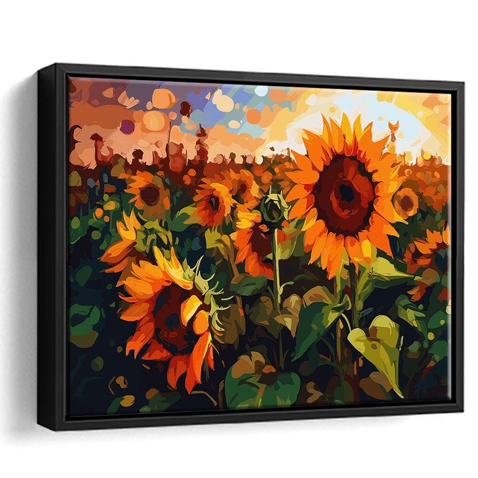 Sunflower Field At Sunrise Framed Canvas Prints Wall Art, Floating