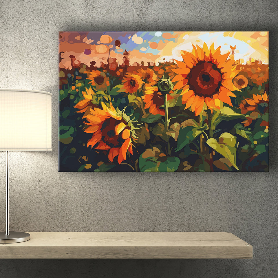 Sunflower Field At Sunrise Canvas Prints Wall Art, Home Living Room Decor, Large Canvas