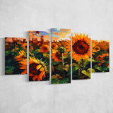 Sunflower Field At Sunrise, 5 Panel Canvas Prints Wall Art,Mixed Canvas, Large Canvas