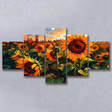 Sunflower Field At Sunrise, 5 Panel Canvas Prints Wall Art,Mixed Canvas, Large Canvas