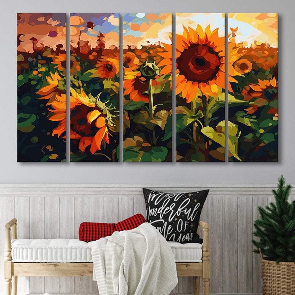Sunflower Field At Sunrise, 5 Panel B Canvas Prints Wall Art, Extra Large Canvas Decor