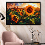 Sunflower Field At Sunrise Framed Canvas Prints Wall Art, Floating Frame, Large Canvas Home Decor