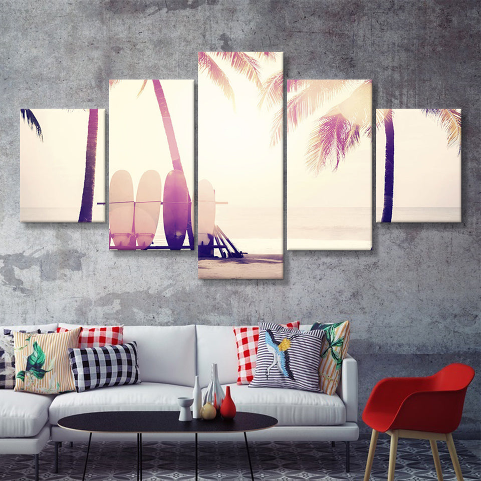Sunny Beach With Palm Trees 5 Piece Canvas Prints Wall Art Decor - Painting Canvas, Multi Panels