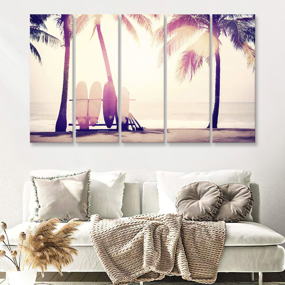 Sunny Beach With Palm Trees 5 Piece B Canvas Prints Wall Art Decor - Painting Canvas, Multi Panels