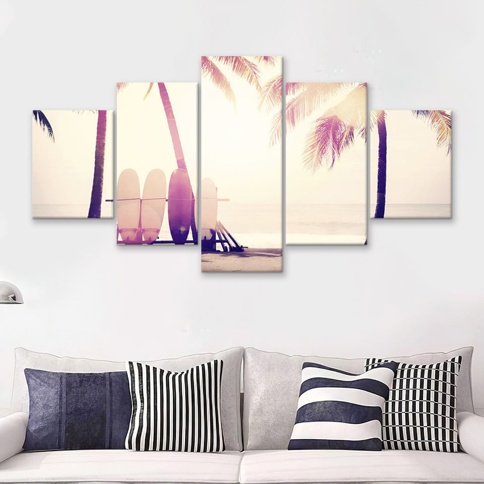 Sunny Beach With Palm Trees 5 Piece Canvas Prints Wall Art Decor - Painting Canvas, Multi Panels