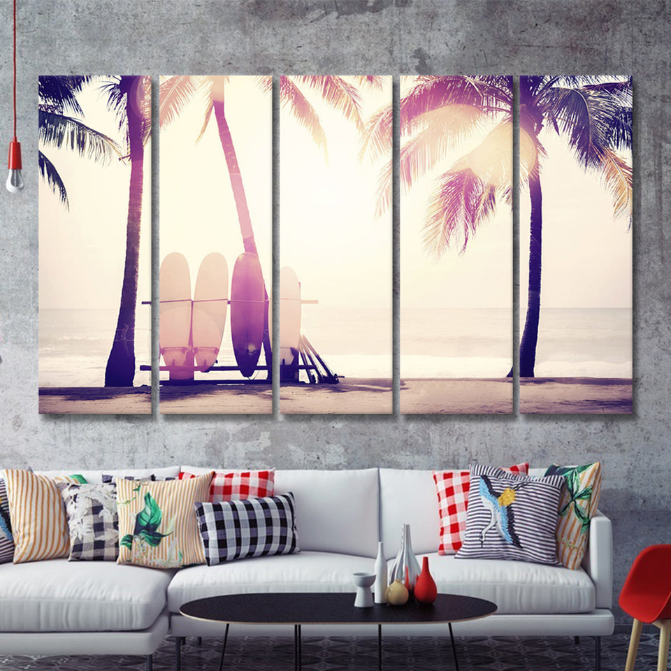 Sunny Beach With Palm Trees 5 Piece B Canvas Prints Wall Art Decor - Painting Canvas, Multi Panels