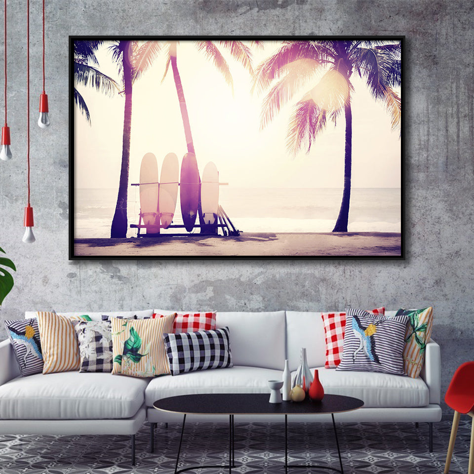 Sunny Beach With Palm Trees Framed Canvas Prints Wall Art Decor - Paiting Canvas, Art Prints, Floating Frame