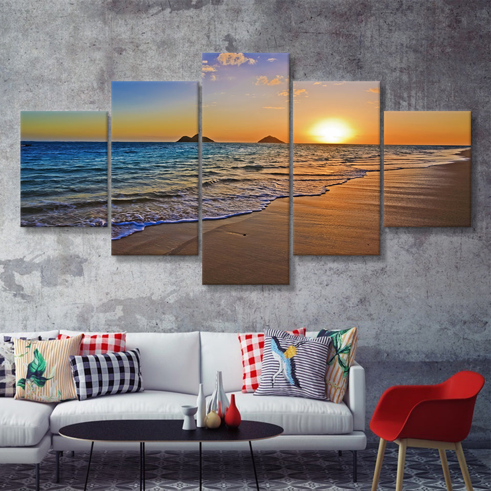 Sunrise Over The Pacific Ocean At The Beach Of The Lanikai Hawaii 5 Pieces Canvas Prints Wall Art - Painting Canvas, Multi Panels, Wall Decor
