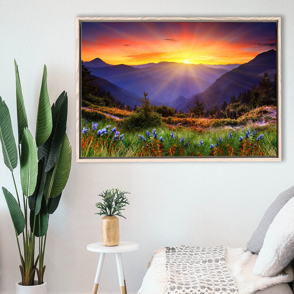 Sunrise In A Mountain, Beautiful Scene Art Framed Canvas Prints Wall Art, Floating Frame, Large Canvas Home Decor